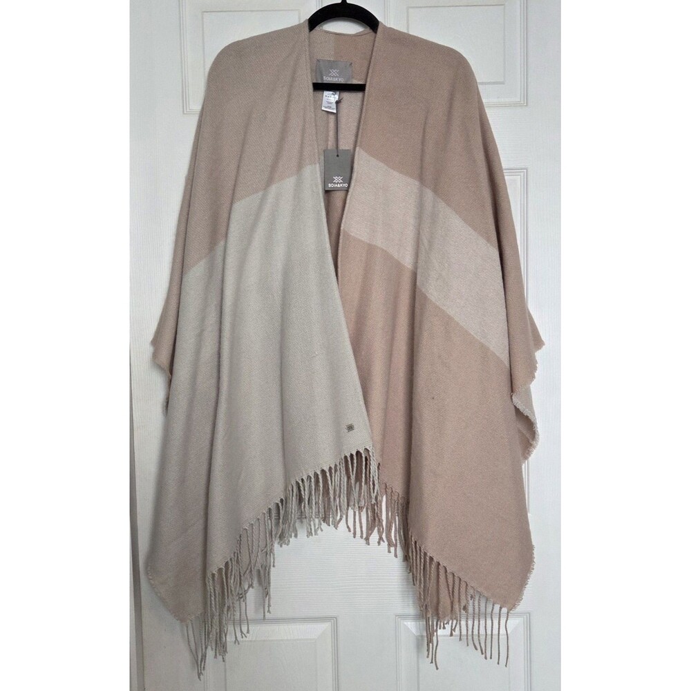 SOIA & KYO Women's Beige & Ivory Colorblock Poncho Cape Fringed Wrap One Size